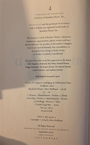 Copyright and publication page of Blackbird House by Alice Hoffman, showing Doubleday imprint, Library of Congress data, ISBN, and first edition statement dated September 2004.