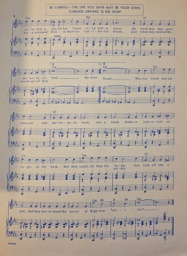 Sheet music with blue ink on a beige background