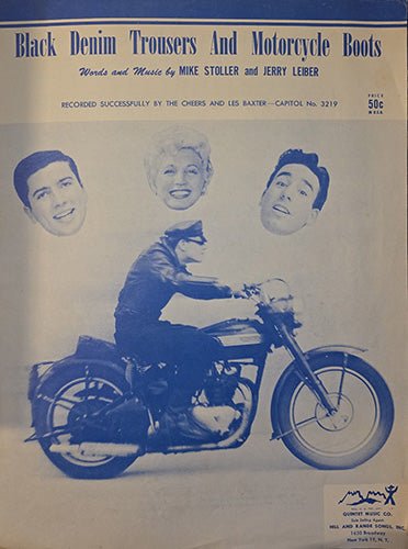 Sheet music cover for 'Black Denim Trousers And Motorcycle Boots' with a motorcycle and three people on the cover.