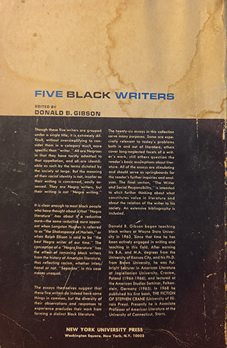 Back cover of Five Black Writers with publisher's description of essays on major twentieth-century African American authors.