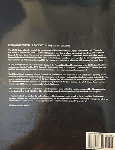 The back cover of a book titled 'Restored Project Blue Book UFO Files: June 1967 & Before' by Robert & Susan Soterick. The cover is black with white text detailing the project's history, including official US Air Force study references from 1967 to 1980, and a barcode in the bottom right corner.