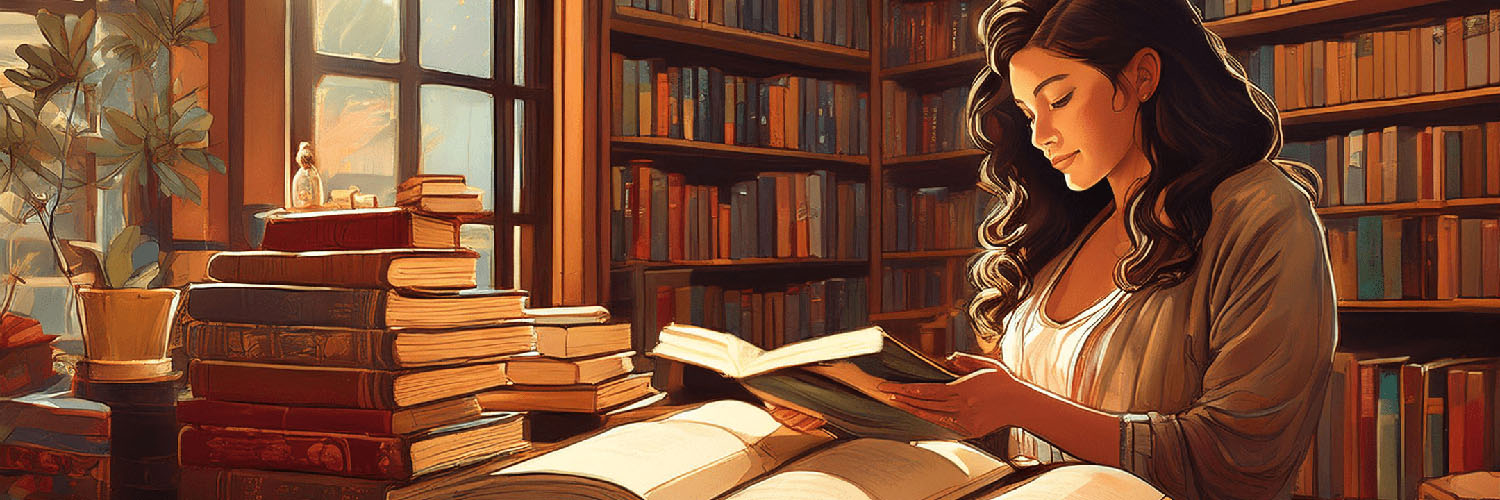 Woman reading among vintage books at Deb’s Book Paradise
