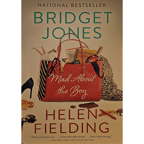 Cover of "Bridget Jones: Mad About the Boy" by Helen Fielding, featuring a red handbag spilling its contents, including wine, heels, and a book, set against a beige background. A humorous and relatable tale.