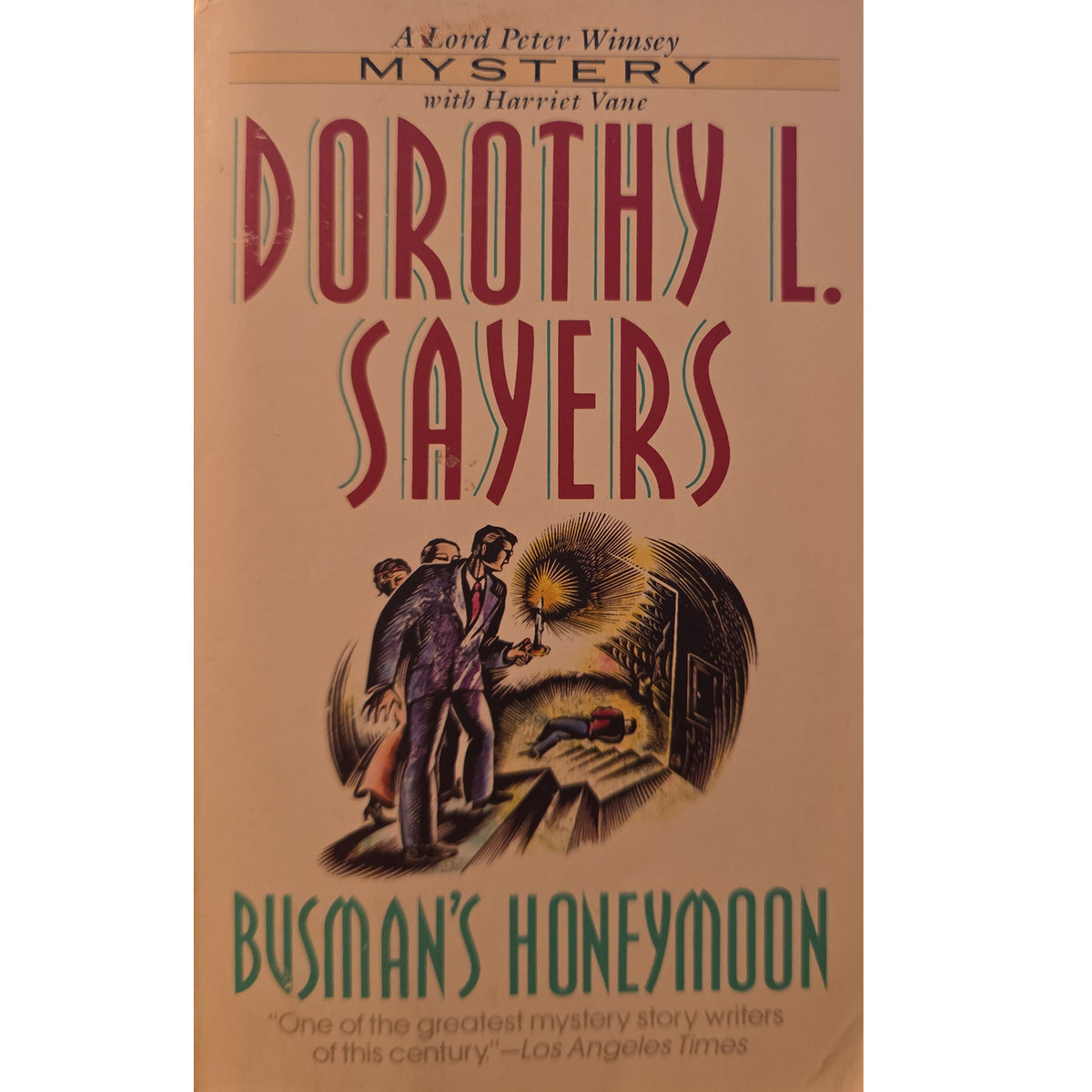 Book cover of 'Busman's Honeymoon' by Dorothy L. Sayers, featuring a tan background with red and green typography and an illustration of a man looking into a glowing door.