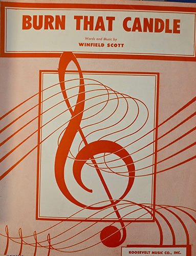 Sheet music cover for 'Burn That Candle' with a red treble clef symbol on a light pink background.