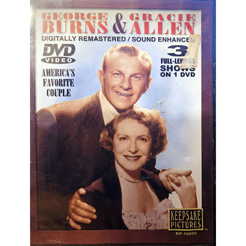 Cover of George Burns & Gracie Allen DVD showing America's Favorite Couple smiling warmly. The DVD includes three full-length shows, digitally remastered and sound enhanced, by Keepsake Pictures.