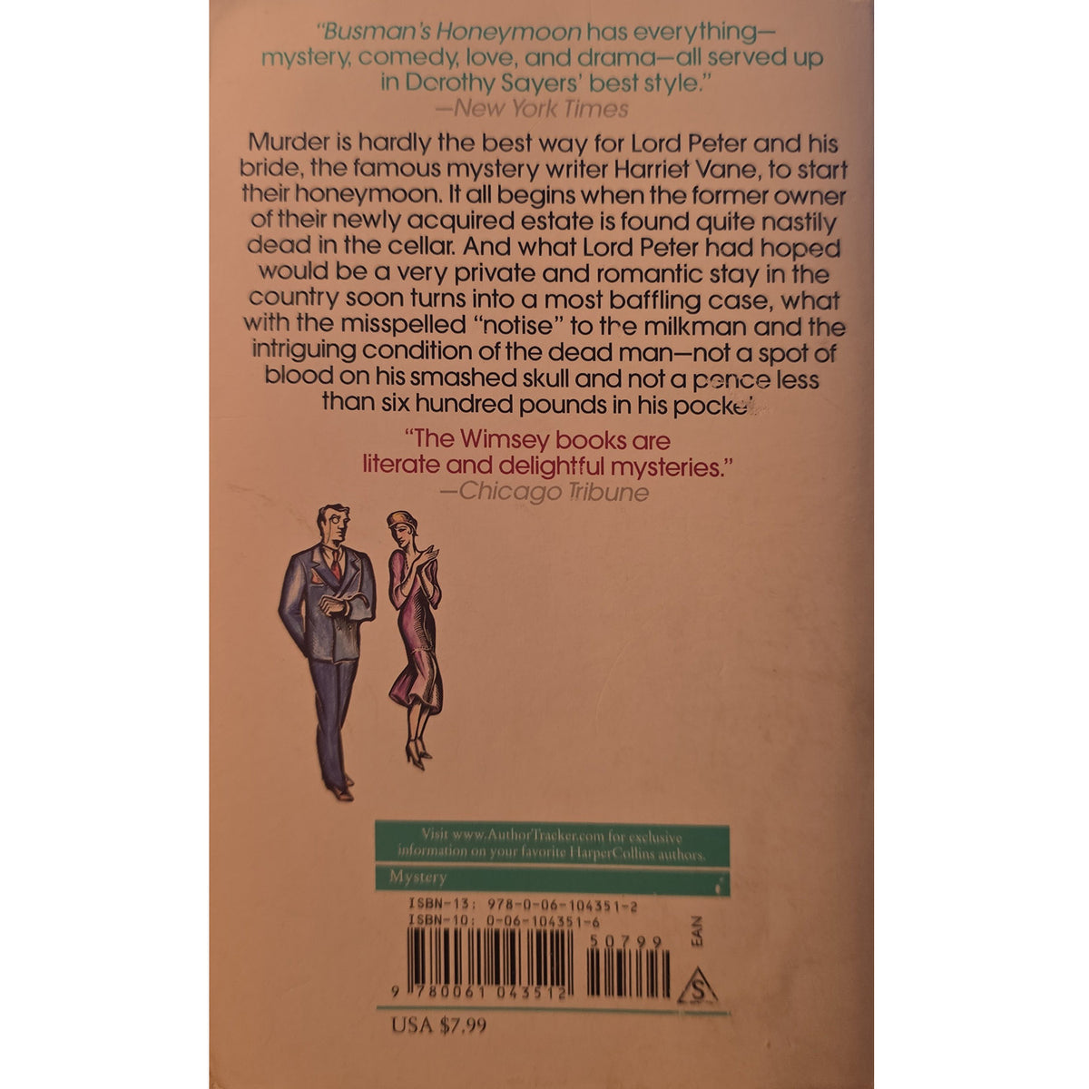 The back cover of a book, photographed flat against a white background. The cover is a warm tan/brown color with black text, a green banner near the bottom, and small illustrated figures of a man and woman near the lower left.