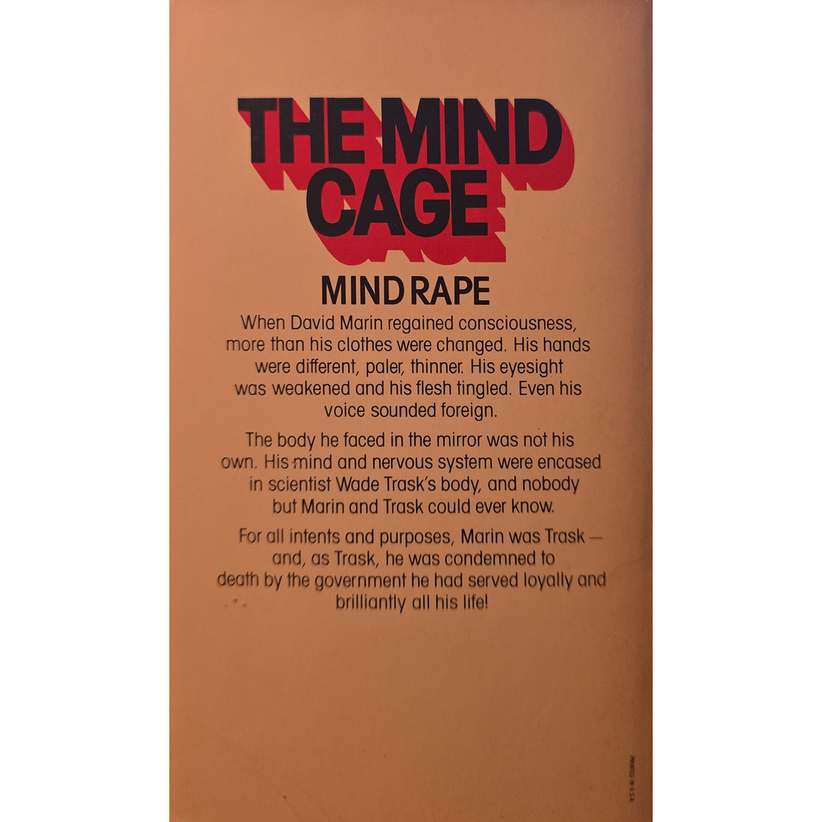 A back book cover for 'The Mind Cage: Mind Rape' featuring a warm terracotta background with bold black and red title text and a block of black subtitle text below.