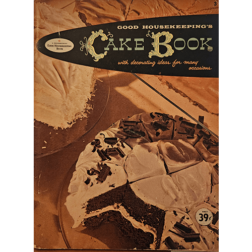 The cover of Good Housekeeping's Cake Book features a beautifully decorated chocolate cake with cream frosting, showcasing vintage 1950s typography and design, promising classic baking inspiration.