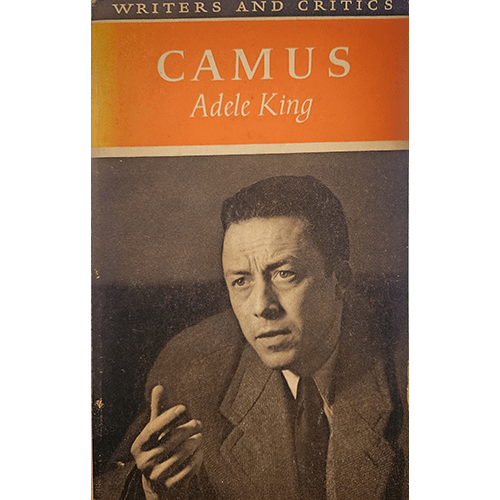 Cover of "Writers and Critics: Camus" by Adele King, featuring a sepia-toned photograph of Albert Camus in a thoughtful pose, set against an orange and brown background with bold white text.