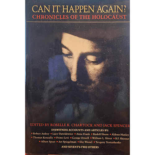 The cover of "Can It Happen Again? Chronicles of the Holocaust" features a haunting image of a contemplative face in shadow, with the title in bold red and yellow letters. The subtitle, "Chronicles of the Holocaust," is highlighted in red, set against a dark, somber background, reflecting the gravity of the book's subject matter.