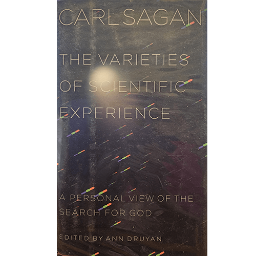 Cover of The Varieties of Scientific Experience by Carl Sagan, featuring a dark, cosmic background with streaks of light. The title and author's name are displayed prominently, edited by Ann Druyan.