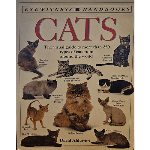 Cover of Eyewitness Handbooks: Cats by David Alderton featuring images of various cat breeds, including Tortoiseshell, British Shorthair, and Siamese, with the title in bold red letters at the top.