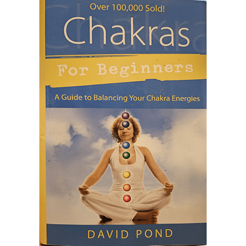 The book cover of "Chakras for Beginners" by David Pond features an illustration of a human silhouette with the seven chakras highlighted along the spine. The title is written in bold, clear letters at the top, and the author's name is displayed at the bottom. The background has a serene, gradient color scheme, enhancing the book's calming theme.