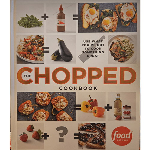 The cover of The Chopped Cookbook showcases creative ingredient combinations and images of mouth-watering dishes, inviting readers to use pantry staples to cook exciting, inventive meals.