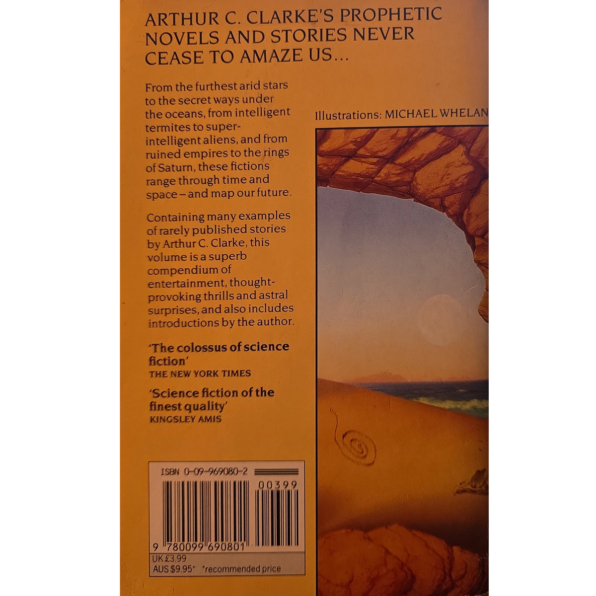 Back cover of a book titled 'Arthur C. Clarke's Prophetic Novels and Stories' with descriptive text on an orange-brown background and a sci-fi landscape illustration showing a spaceship flying over a planet.