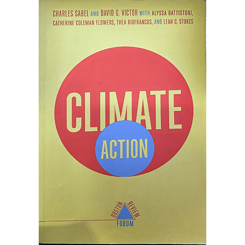 Yellow book cover of Climate Action by Charles Sabel and David G. Victor, featuring a bold red circle with the title and a smaller blue circle labeled "Action" for emphasis on climate solutions.