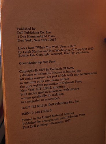 Close-up of a brown book cover showing printed copyright and publisher text, including Dell Publishing Co., Inc.