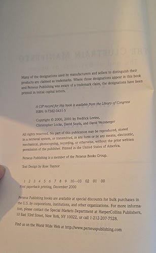 Copyright page of The Cluetrain Manifesto showing first paperback edition