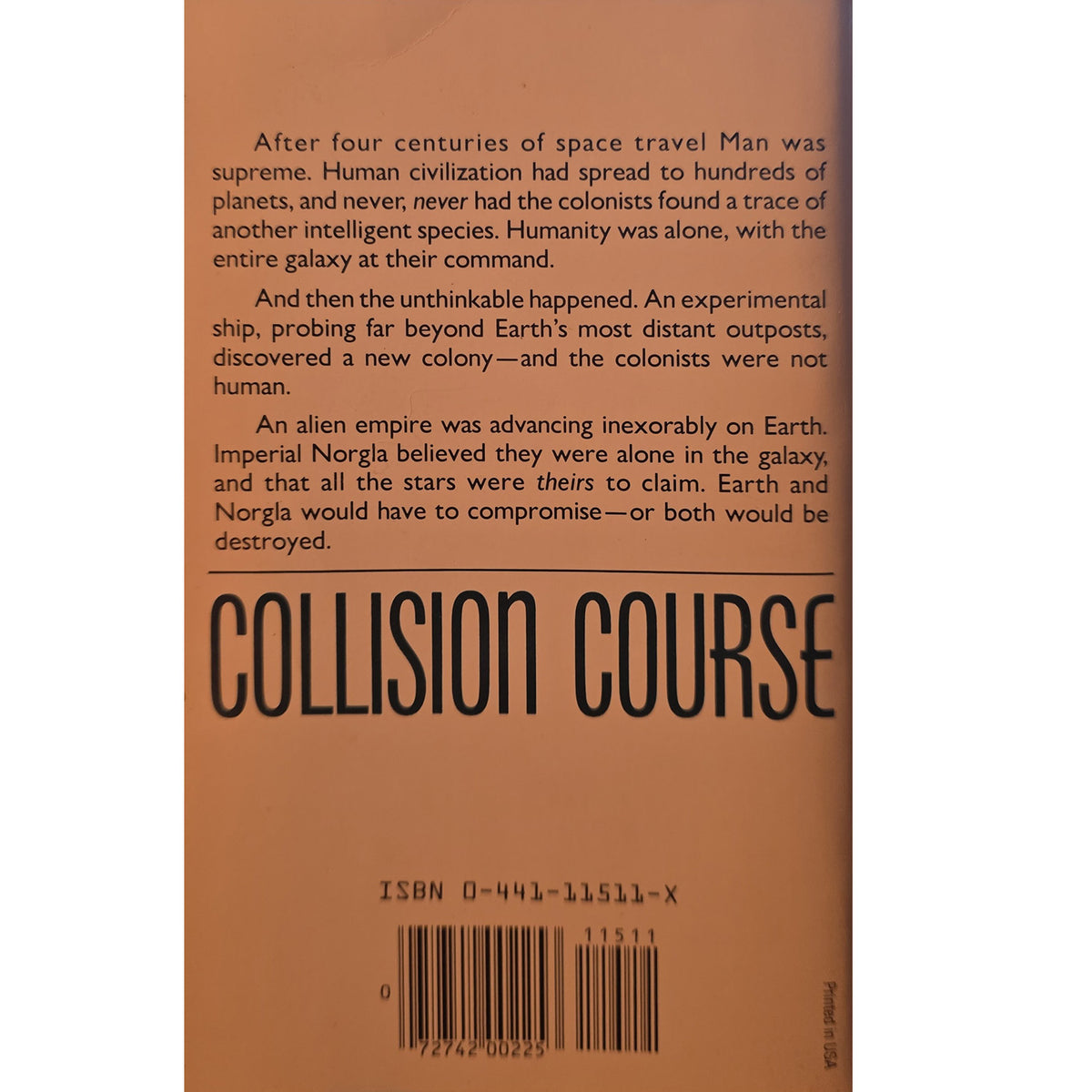 The back cover of the science fiction book 'Collision Course' by Isaac Asimov, featuring a warm brown background with black text and a barcode.