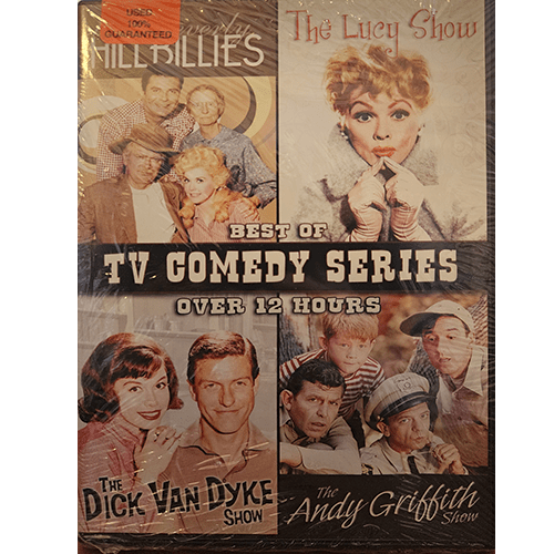 DVD cover of Best of TV Comedy Series featuring classic sitcoms: The Beverly Hillbillies, The Lucy Show, The Dick Van Dyke Show, and The Andy Griffith Show. Over 12 hours of laughter.