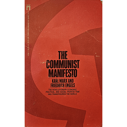 Cover of The Communist Manifesto by Karl Marx and Friedrich Engels, 1964 Pocket Book edition. Features a bold red design with a large hammer and sickle in the background and bold black text.