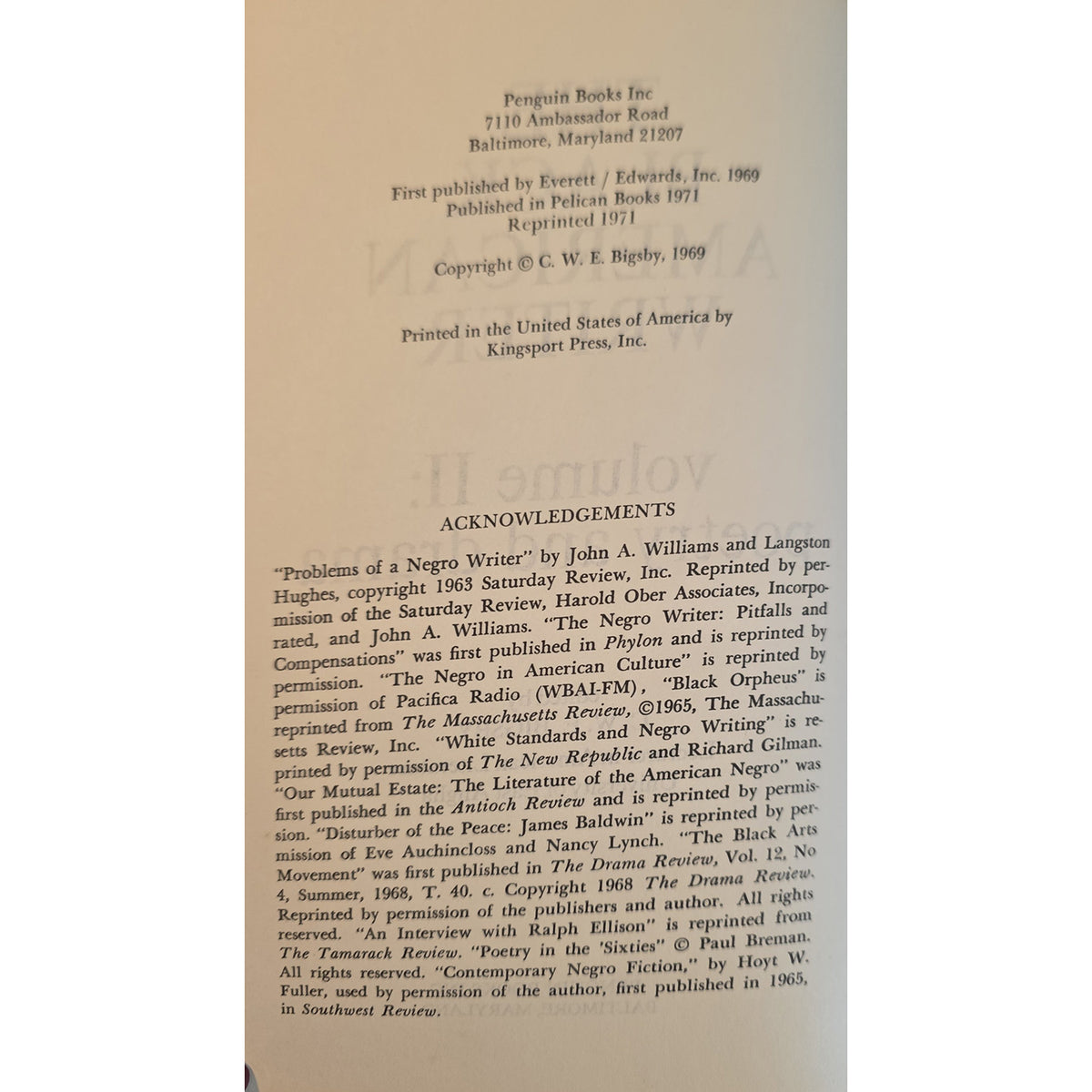 A scanned vintage book cover or printed page from Penguin Books Inc., showing copyright and acknowledgment text on an off-white background.