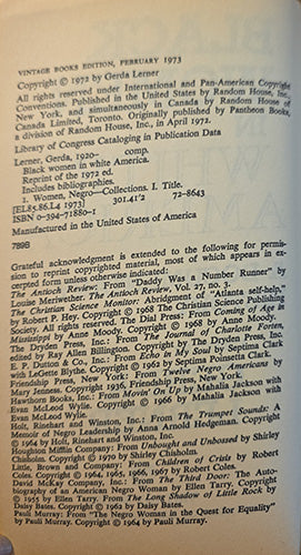 A close-up of a book's copyright page showing publication details, publisher credits, and a acknowledgments section in small black text on a white background.