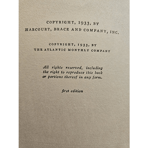 The image shows the copyright page of Flush: A Biography by Virginia Woolf, published in 1933 by Harcourt, Brace and Company, Inc. The page confirms it is a first edition, with all rights reserved.