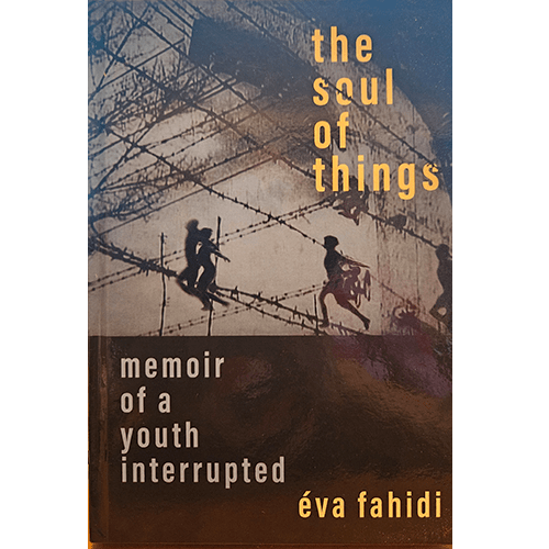 The cover of "The Soul of Things" features a solemn, monochromatic image of barbed wire, symbolizing the Holocaust. The title is prominently displayed in elegant typography, evoking the reflective and poignant nature of the memoir.