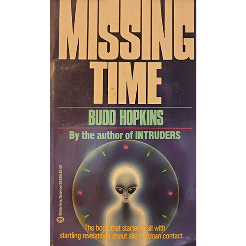 Book cover of 'Missing Time' by Budd Hopkins with an alien illustration on a purple background