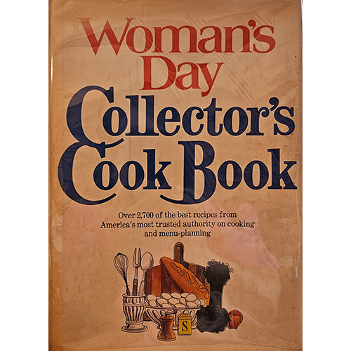 Cover of Woman's Day Collector's Cook Book, featuring elegant vintage illustrations of kitchen essentials like utensils, jars, and food items with bold typography showcasing its authority on recipes and menu-planning.