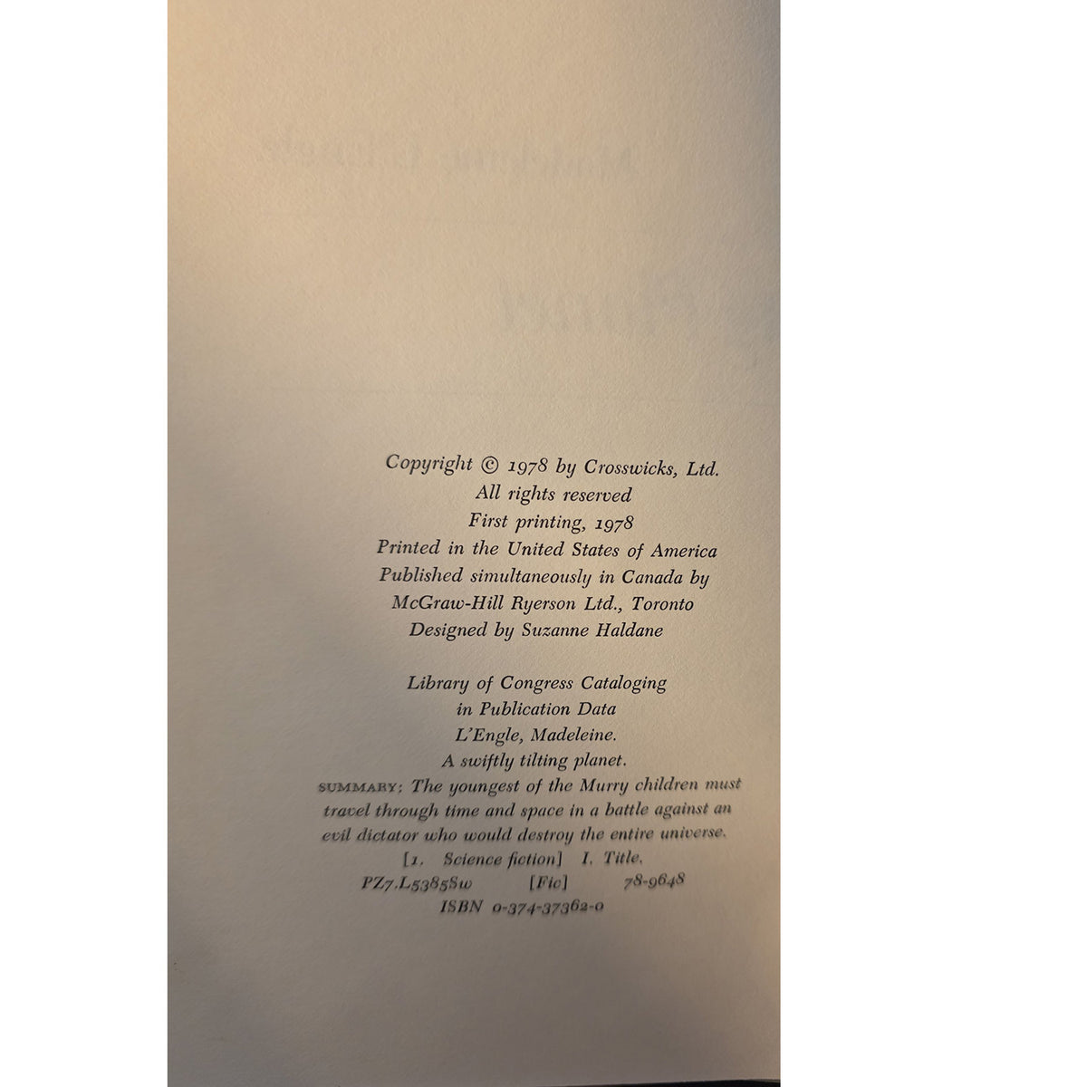 First Edition 1978 "A Swiftly Tilting Planet" by Madeleine L'Engle (Hardcover with Dust Jacket)