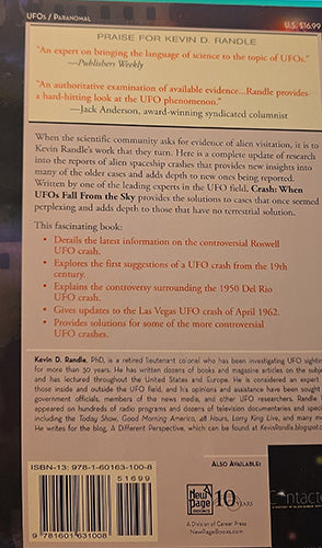 Back cover of the book 'UFO Crash' by Kevin R. Bandle, featuring a barcode, author biography, and promotional text on a white background.