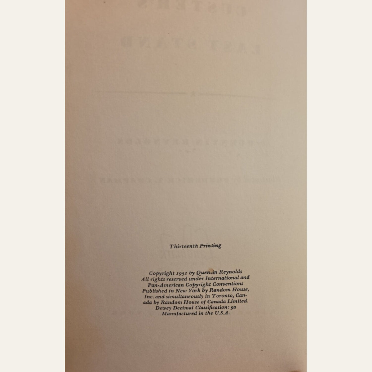 Copyright page identifying the thirteenth printing of Custer’s Last Stand