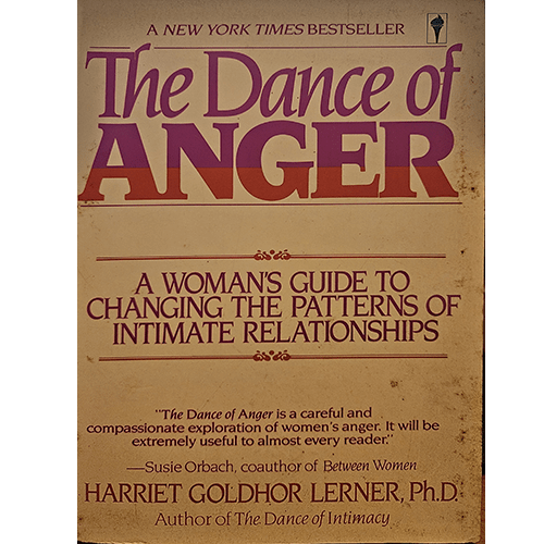 Cover of The Dance of Anger by Harriet Lerner, featuring a beige background with red and purple text. The subtitle reads, "A Woman's Guide to Changing the Patterns of Intimate Relationships."