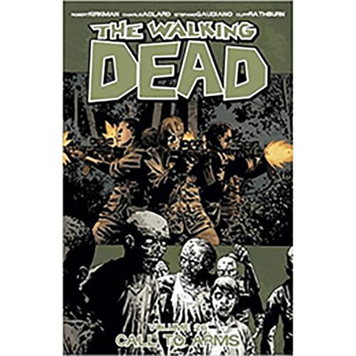 Cover depicts Rick Grimes leading a determined group, weapons ready, symbolizing the community's stand against looming threats in a desolate landscape