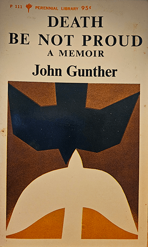 Cover of "Death Be Not Proud" by John Gunther, featuring abstract shapes in blue, orange, and white with minimalist design elements.