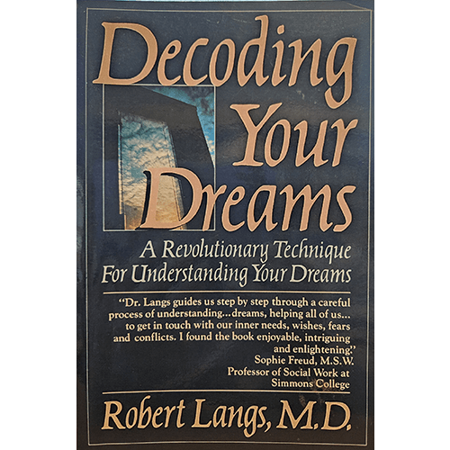 The cover of "Decoding Your Dreams" by Robert Langs, M.D., features bold, serif-font title text with a soft, shadowed image of a door slightly ajar, symbolizing the entrance into the subconscious mind.