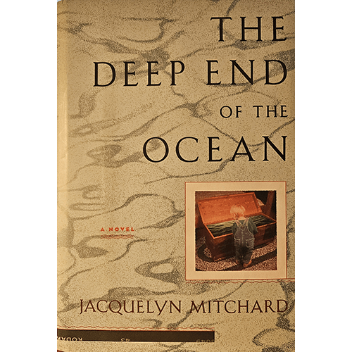 Cover of The Deep End of the Ocean by Jacquelyn Mitchard features a textured background with a child looking into a chest, symbolizing mystery and loss, a powerful novel about family and trauma.