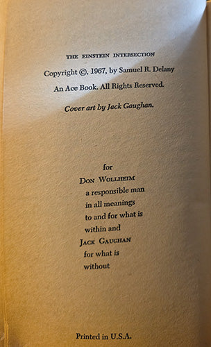 A close-up of a book's title page or copyright page with black printed text on warm beige paper. Visible text includes 'The Einstein Intersection', copyright by Samuel R.