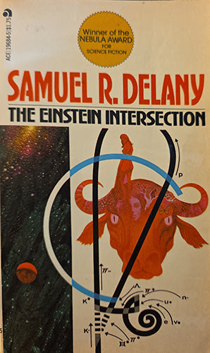 Book cover of 'The Einstein Intersection' by Samuel R. Delany, featuring a cream background, bold red and black title text, a gold Nebula Award seal, and abstract cosmic artwork with an orange bull-like figure and black spiral lines.