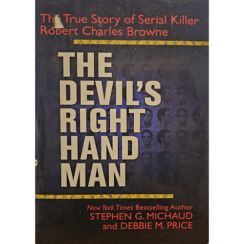 The cover of The Devil's Right Hand Man features a dark, gritty background with the title in bold, capitalized letters. A faded, ghostly image of faces looms behind the text, creating a haunting effect.