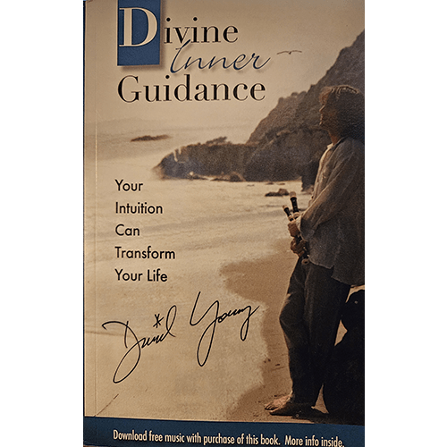 Cover of Divine Inner Guidance by Daniel Young features the author standing on a coastal cliff, holding a flute. The title is written in large, elegant font with the tagline: "Your Intuition Can Transform Your Life."