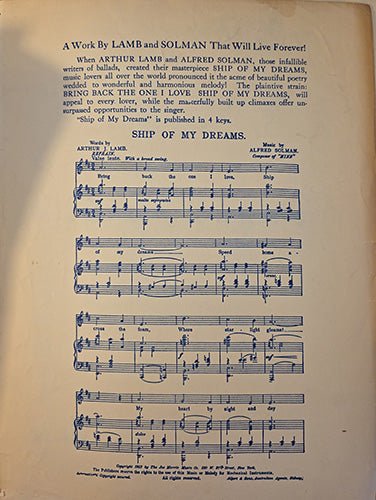 Sheet music for 'Ship of My Dreams' by Arthur J. Lamb and Alfred Soloman on a beige background.