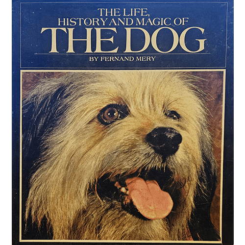 Cover of The Life, History, and Magic of the Dog by Fernand Mery, featuring a close-up image of a shaggy, joyful dog with its tongue out, set against a dark background and bold title text in gold.