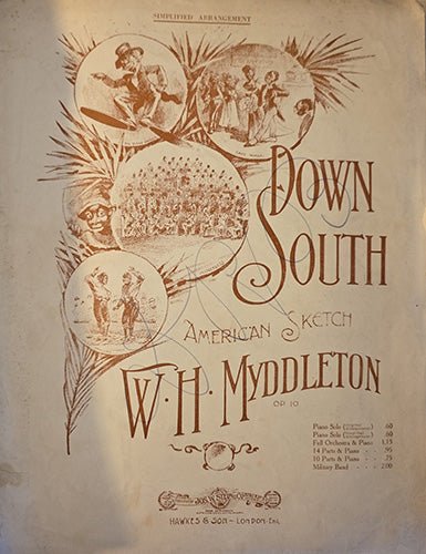 Front cover of vintage sheet music “Down South” showing illustrated vignettes and decorative typography