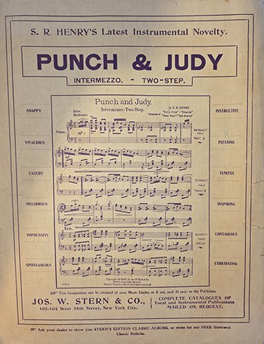 Sheet music cover for 'Punch & Judy' with sheet music and promotional text.
