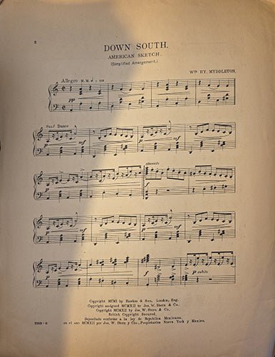 Interior page of early 20th-century sheet music “Down South” showing printed piano notation and expressive markings