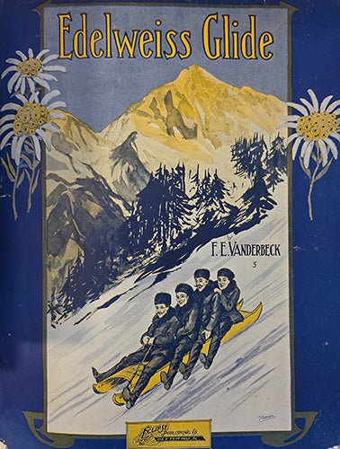 Front cover of vintage sheet music “Edelweiss Glide” showing illustrated alpine mountain scene with children sledding and edelweiss flowers